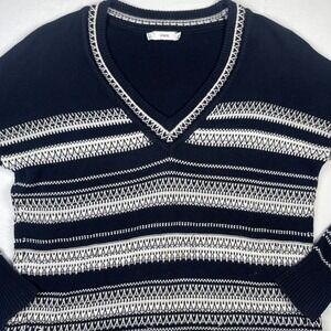 Vince V Neck Sweater XS Black White‎ Pattern Knit Cotton Pullover Top